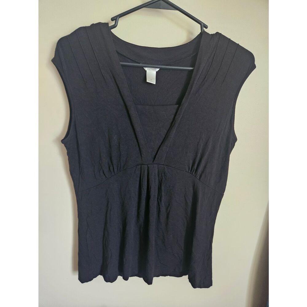 Christopher & Banks Black V-Neck Pleated Sleeve Tank